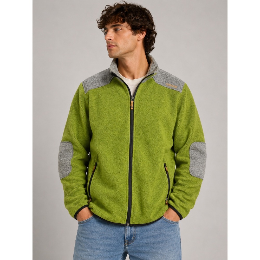 Orvis Mens Full Zip Fleece Jacket Lime Green Grey Elbow Patches Size M |D1